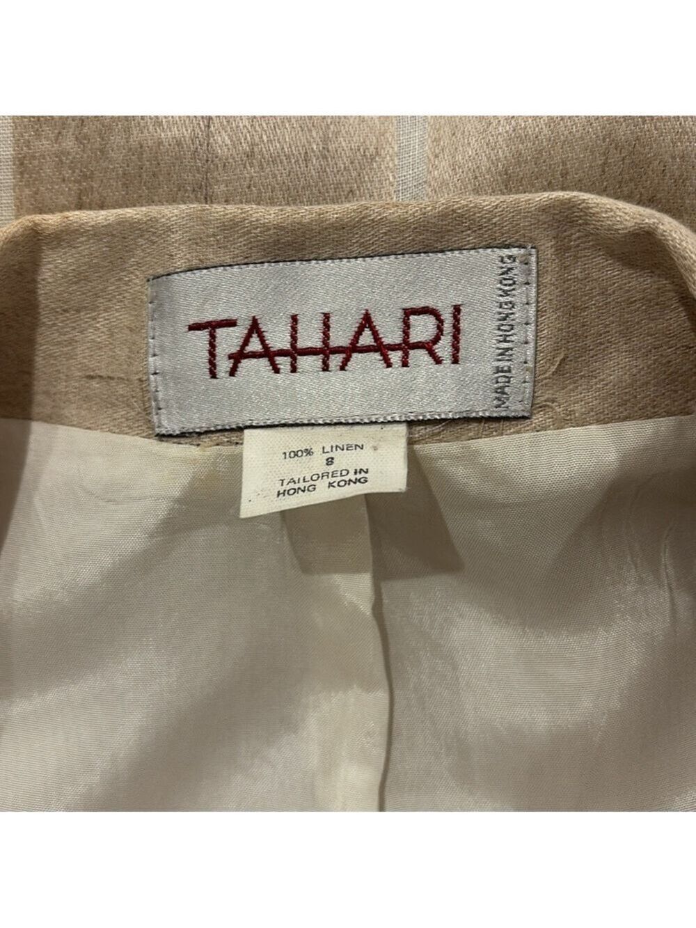 80s TAHARI LINEN NEUTRAL & WHITE STRIPE BOXY ONE BUTTON BLAZER QUIET LUXURY SZ 8 - Picture 6 of 6